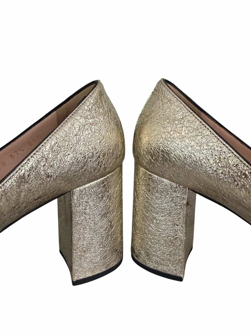 Gucci Gold Leather Galassia Platino Marmont  GG Platform Block Heels Size 37.5
